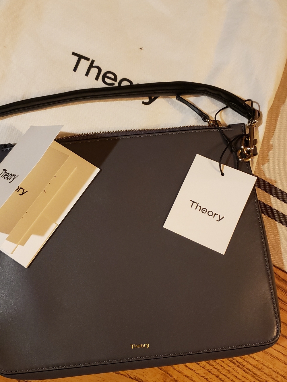 New Theory Leather Crossbody Bag Dark Gray with Black Strap Includes Dust Cover